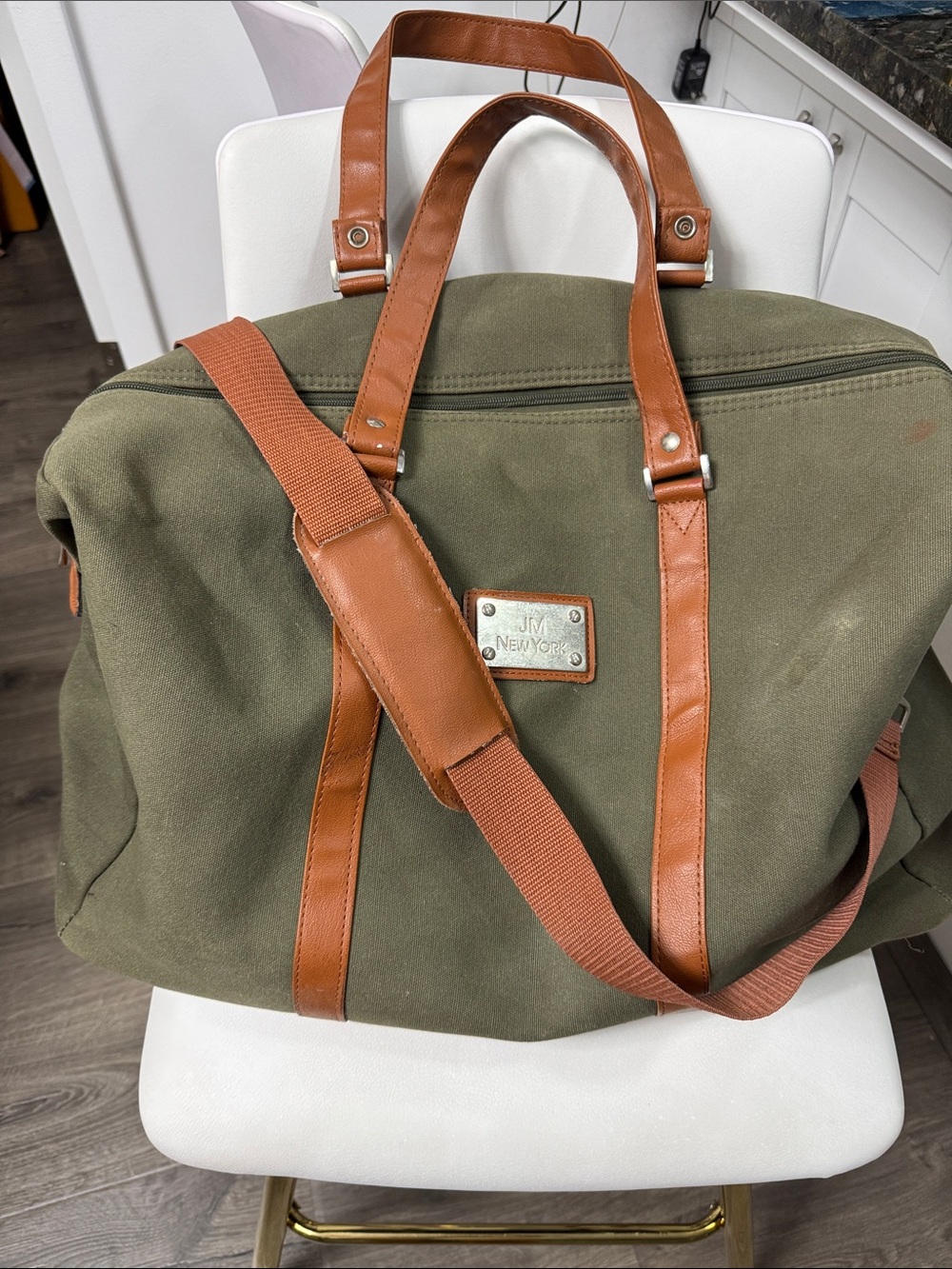 JM New York Olive Canvas Duffel with Tan Leather Trim